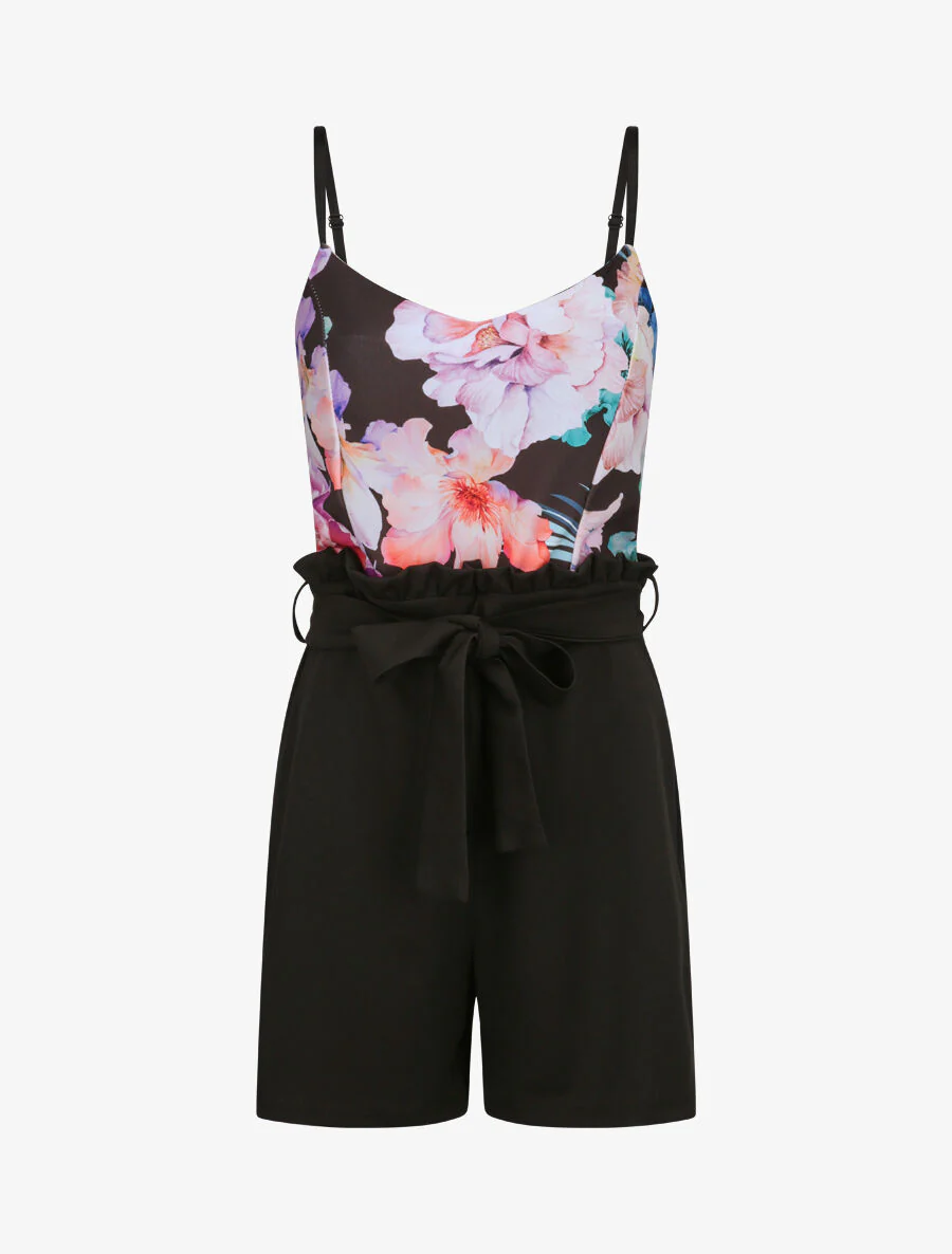 Mono trapezoidal con busto de estampado floral - Negro