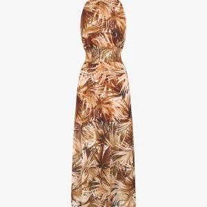 Vestido largo de gasa con estampado de follaje - Topo