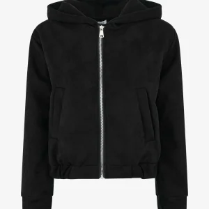 Chaqueta corta de gamuza con capucha. - Negro