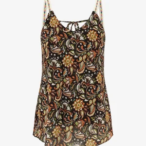 Top de tirantes con estampado floral y detalles fantasía. - Negro