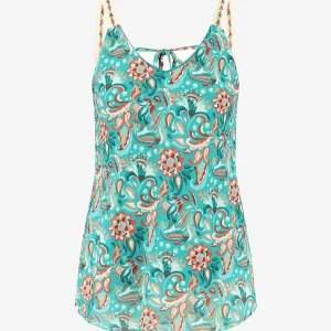 Top de tirantes con estampado floral y detalles fantasía. - Turquesa