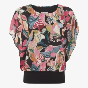 Blusa estampada con hojas y mangas con volantes - Negro