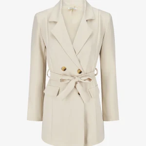 Blazer largo liso con cinturón - Beis