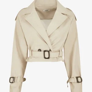 Chaqueta corta de imitación con cinturón - Beis