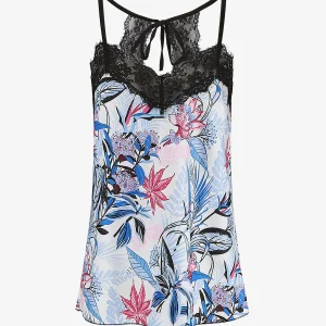 Caraco satinado de corte recto con estampado de flores tropicales. - Azul