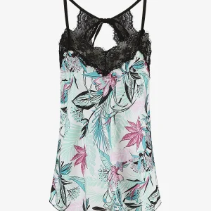 Caraco satinado de corte recto con estampado de flores tropicales. - Verde agua