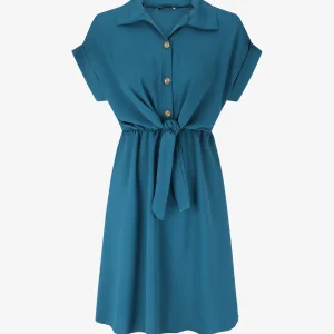 Vestido liso con lazo y mangas cortas - Azul pato