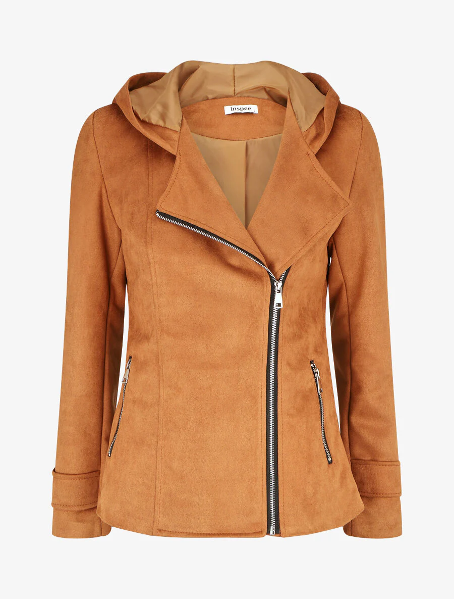 Chaqueta de ante con capucha - Camello oscuro