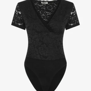 Body de manga corta de encaje - Negro
