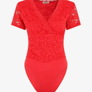 Body de manga corta de encaje - Rojo