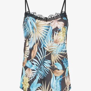 Camisola satinada con estampado tropical - Negro