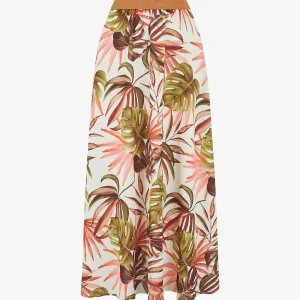 Falda larga con estampado tropical - Crema