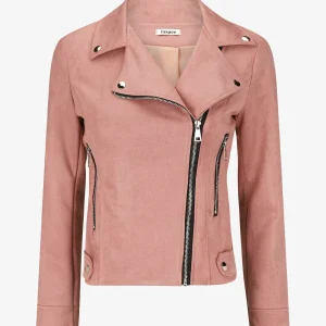 Chaqueta de ante sintético con cremalleras decorativas y cierre de cremallera. - Rosa