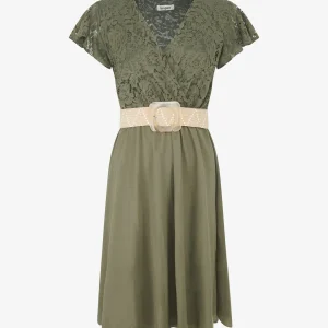 Vestido midi con busto bordado - Caqui