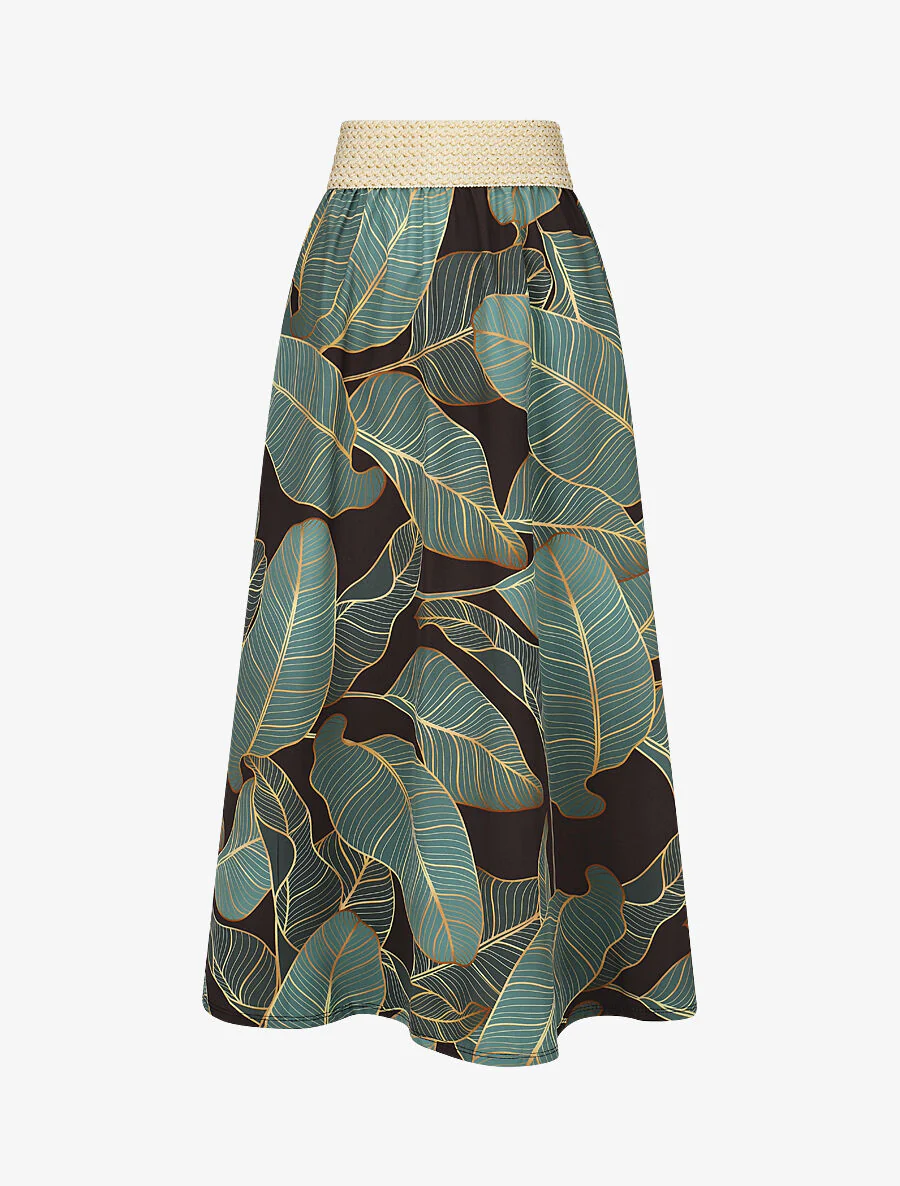 Falda larga elástica estampado de hojas - Verde