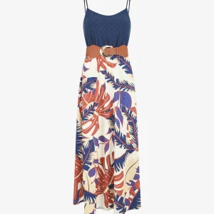 Vestido largo de dos materiales con estampado tropical - Marine