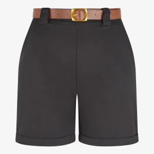 Pantalón corto recto liso con cintura elástica de talla estándar. - Negro