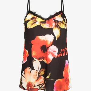 Caraco recto estampado amapola estilo acuarela y encaje - Negro