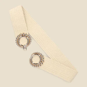 Cinturón de rafia con hebillas redondas estilo perlas. - Beis
