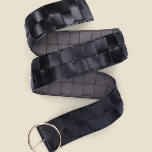 Cinturón de imitación trenzado con hebilla redonda. - Negro/oro